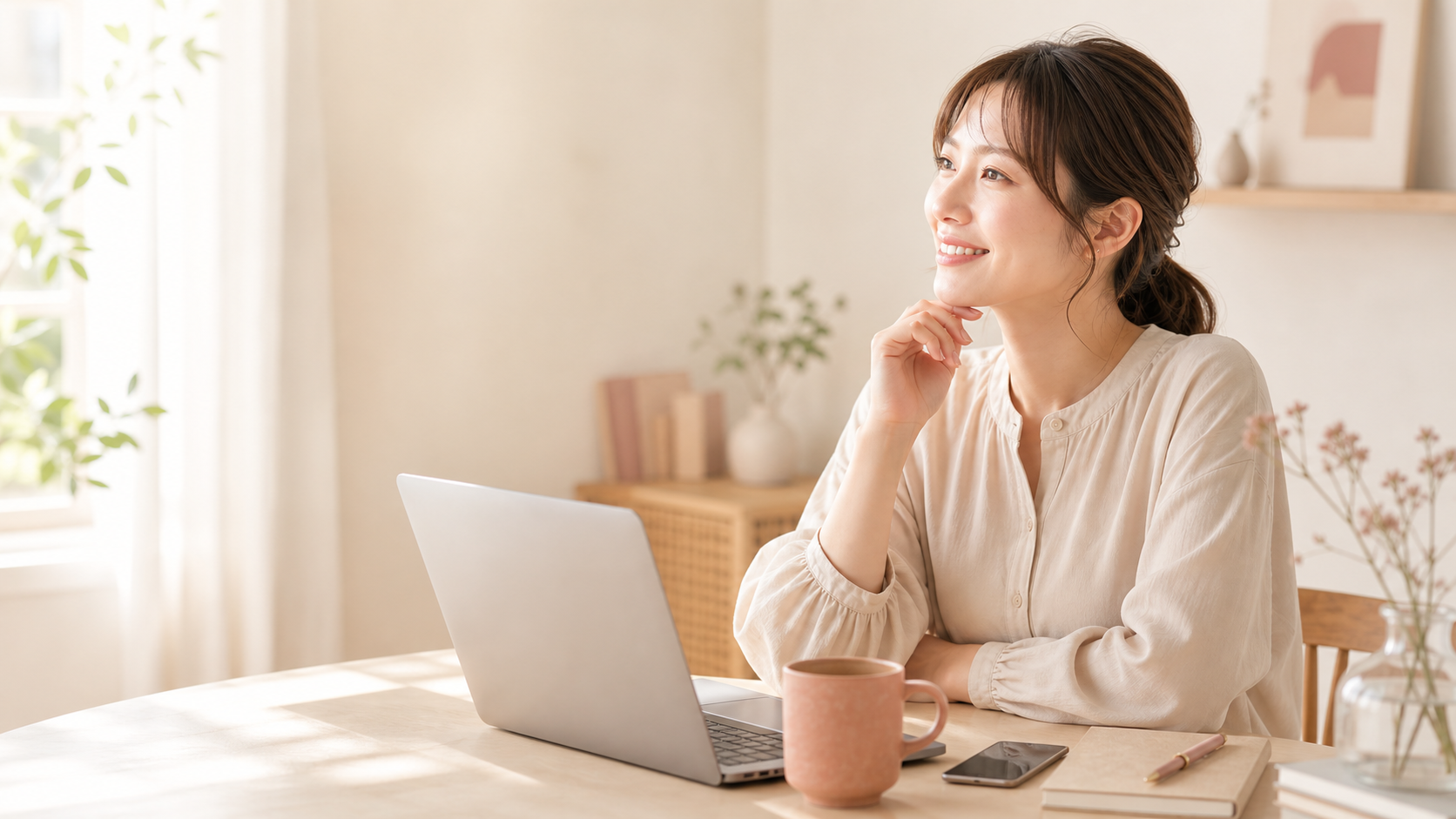 明るい室内で前向きに働くママのイメージ